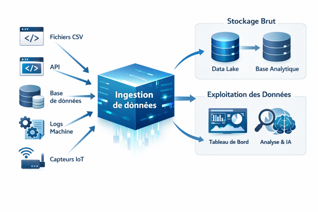 Schéma d’ingestion de données illustrant la collecte de données depuis plusieurs sources vers un pipeline centralisé de stockage et d’exploitation.