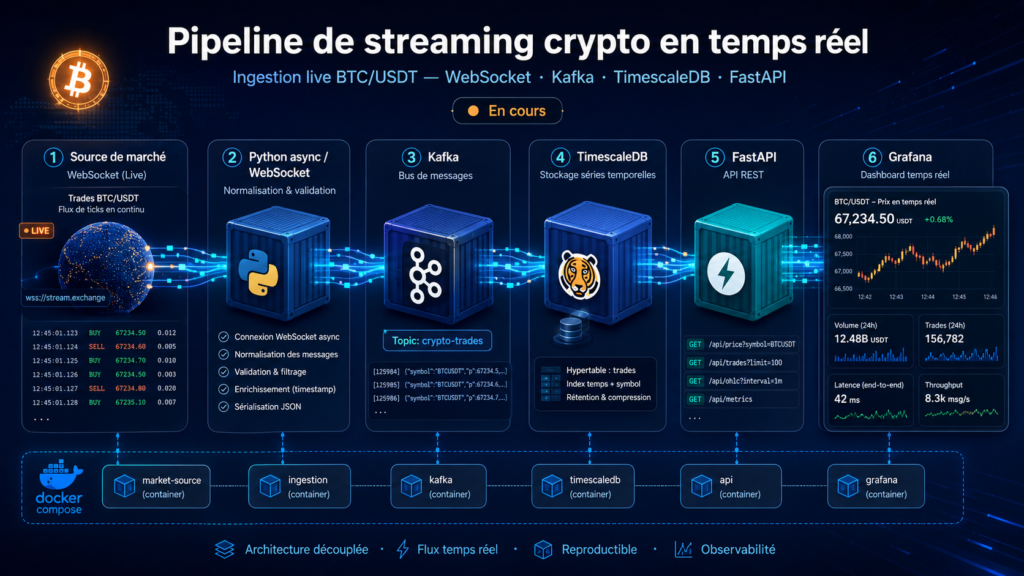 Schéma d’un pipeline de streaming crypto en temps réel pour l’ingestion live BTC/USDT avec WebSocket, Kafka, TimescaleDB, FastAPI et Grafana.